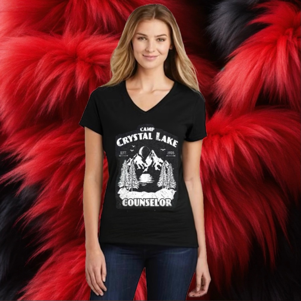 Black Vintage V-Neck Friday the 13th Camp Crystal Lake Camp Coubselor Tee